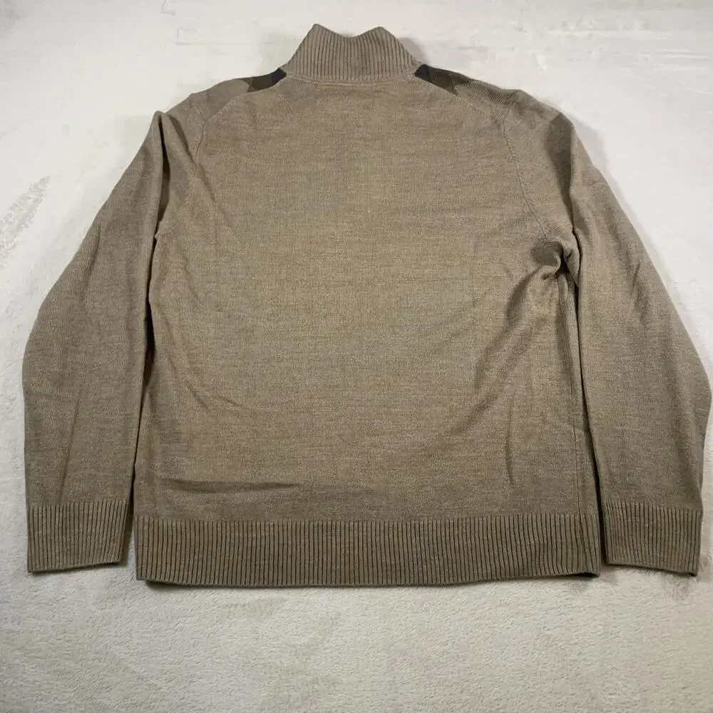 Oliver Burke Sweater Mens Large Brown Argyle 1/4 Zip 100% Acrylic Leather Zipper
